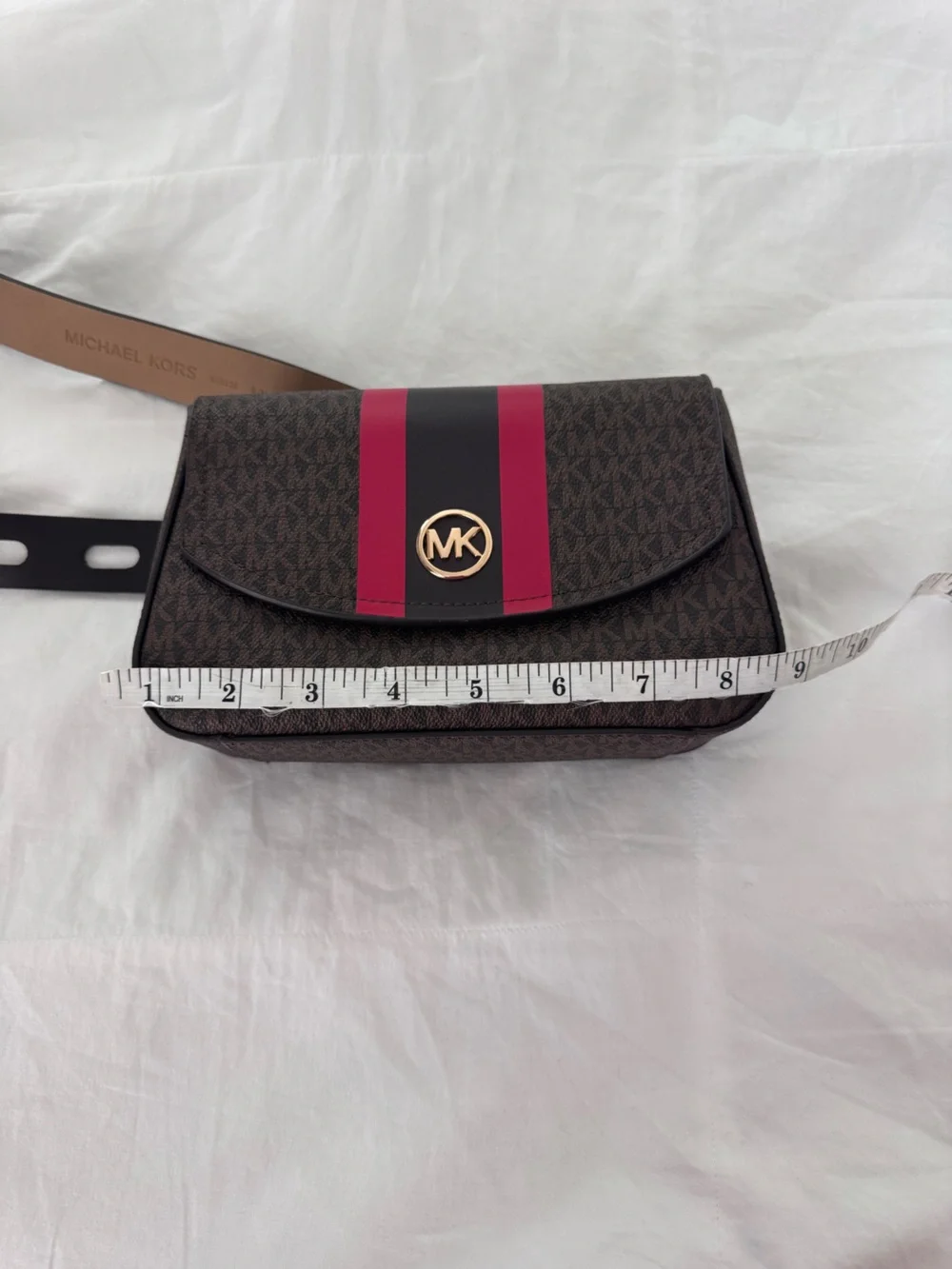 Michael Kors Brown Crossbody Belt Bag with Red and Black Stripe